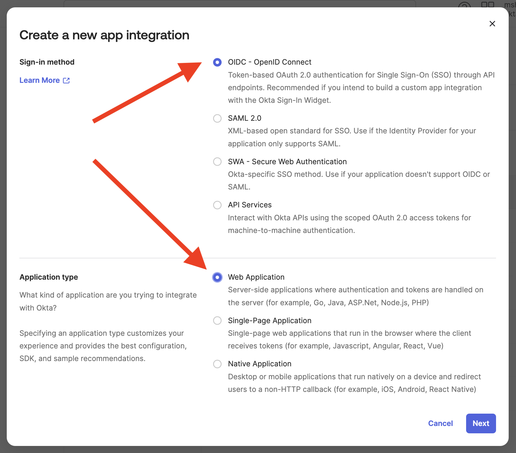 The Okta app creation window with OIDC and Web Application selected.